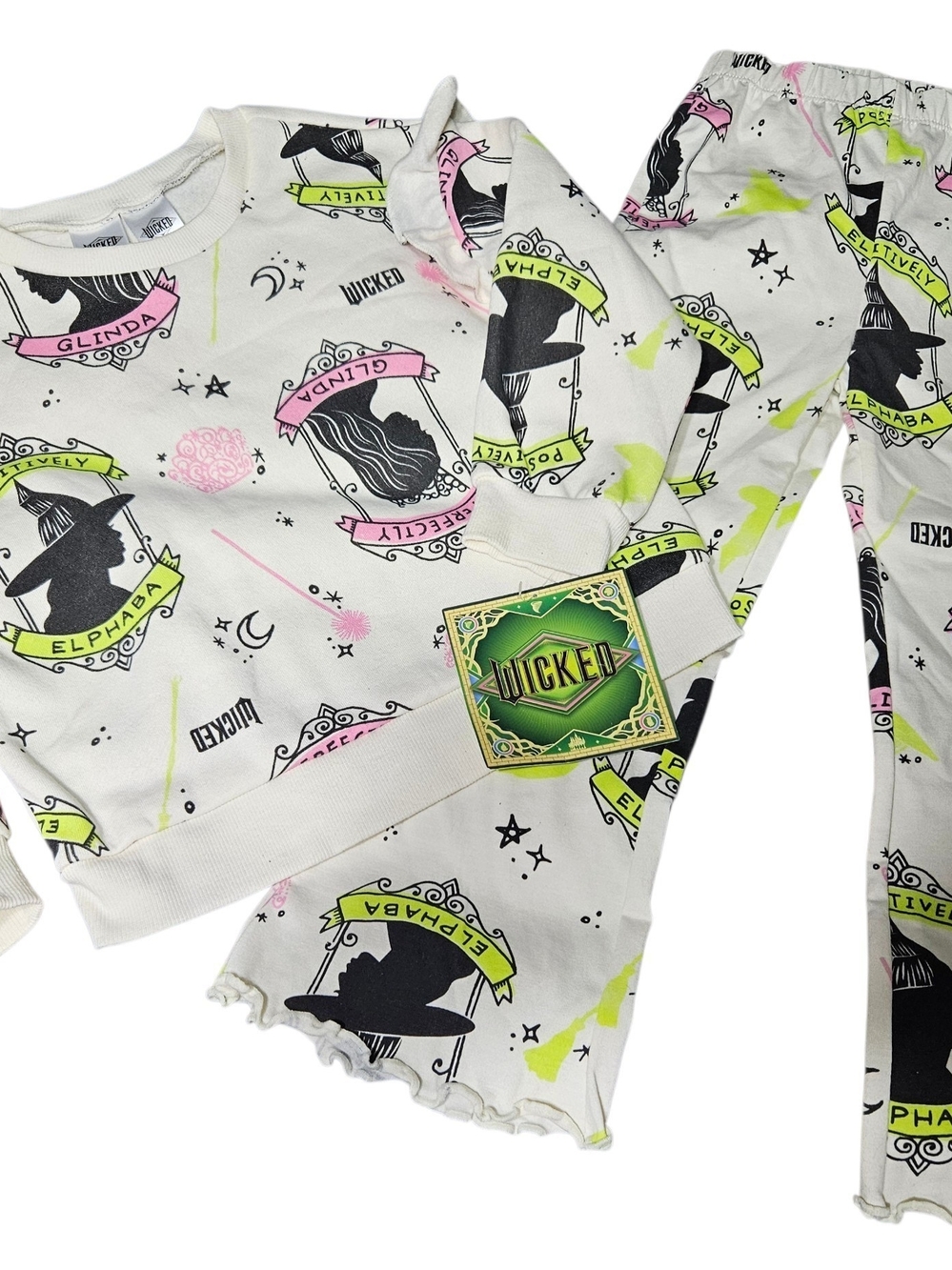 Wicked Girls' White Graphic Pajama Set with Pink & Lime Accents